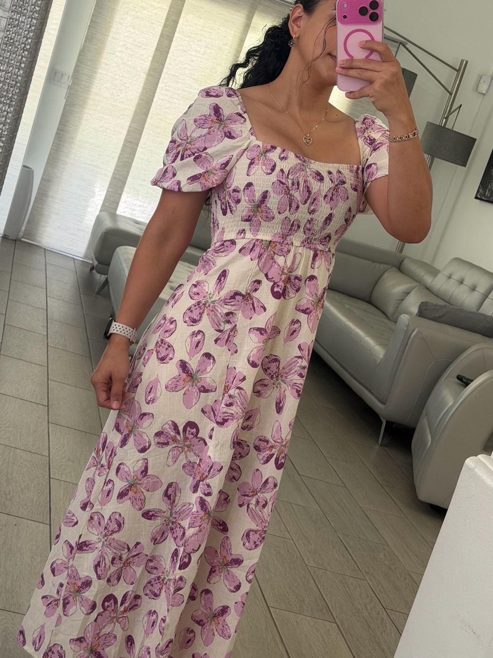 Floral Puff-Sleeve Maxi Dress in Lavender Pink